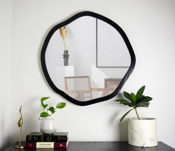 wood frame round mirror