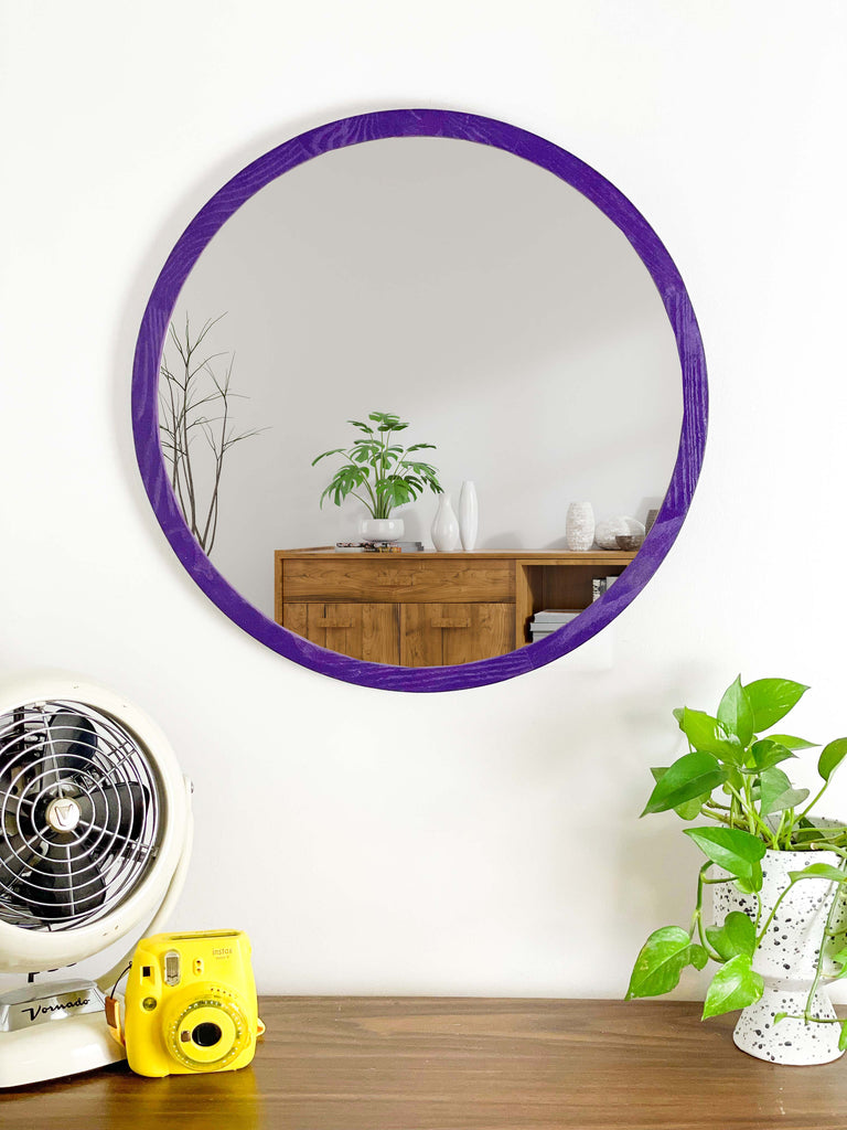 purple frame wood mirror